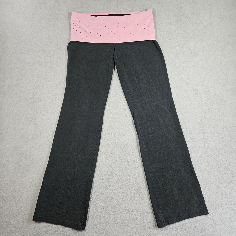 Y2K Victoria's Secret Pink Fold Over Yoga Pants Medium Bling Flare Sequin - Picture 9 of 16